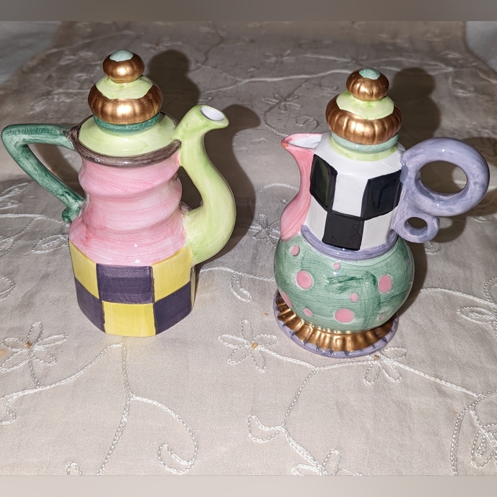 Two rare vintage 1998 CBK Ltd. LLC Tea Party lidded teapots.